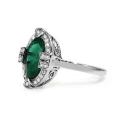 18ct White Gold Art Deco Style Emerald and Diamond Halo Ring
