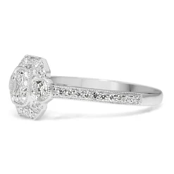 18ct White Gold Art Deco Style 3 Stone Cushion Diamond Halo Ring