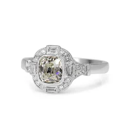 18ct White Gold Art Deco Style Old Mine Cut and Baguette Diamond Halo Ring