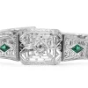 14ct White Gold Art Deco Synthetic Emerald and Old Cut Diamond Bracelet