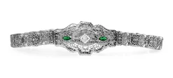 14ct White Gold Art Deco Synthetic Emerald and Old Cut Diamond Bracelet