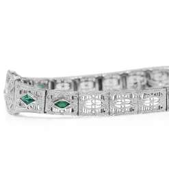 14ct White Gold Art Deco Synthetic Emerald and Old Cut Diamond Bracelet