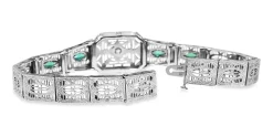 14ct White Gold Art Deco Synthetic Emerald and Old Cut Diamond Bracelet