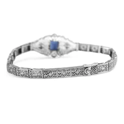 10ct White Gold Art Deco Synthetic Sapphire and Single Cut Diamond Bracelet