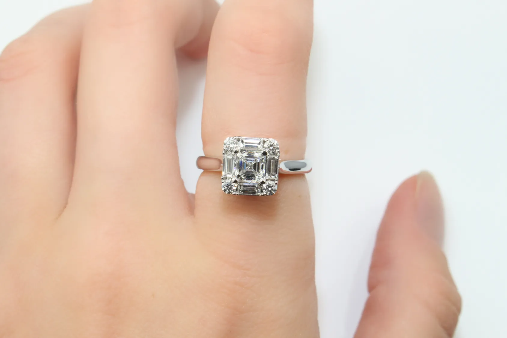 18ct White Gold Asscher Diamond Halo Ring