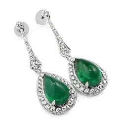 18ct White Gold Cabochon Emerald and Diamond Drop Earrings