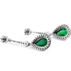 18ct White Gold Cabochon Emerald and Diamond Drop Earrings