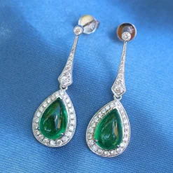 18ct White Gold Cabochon Emerald and Diamond Drop Earrings
