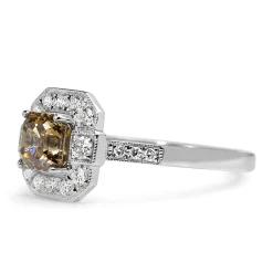 18ct White Gold Champagne Asscher Deco Style Halo Ring