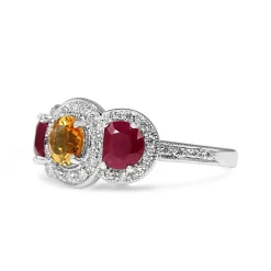 18ct White Gold Citrine, Ruby and Diamond 3 Stone Halo Ring