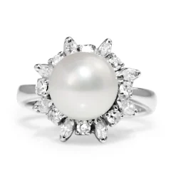 18ct White Gold Cultured Pearl and Diamond Ring