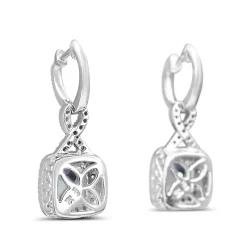 14ct White Gold Cushion Aquamarine and Diamond Halo Twist Drop Earrings