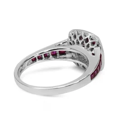 18ct White Gold Cushion Cut Diamond and Channel Set Ruby Halo Ring