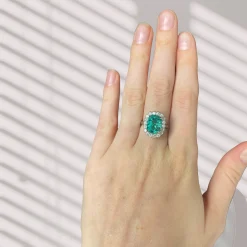 18ct White Gold Cushion Cut Emerald and Diamond Daisy Style Ring