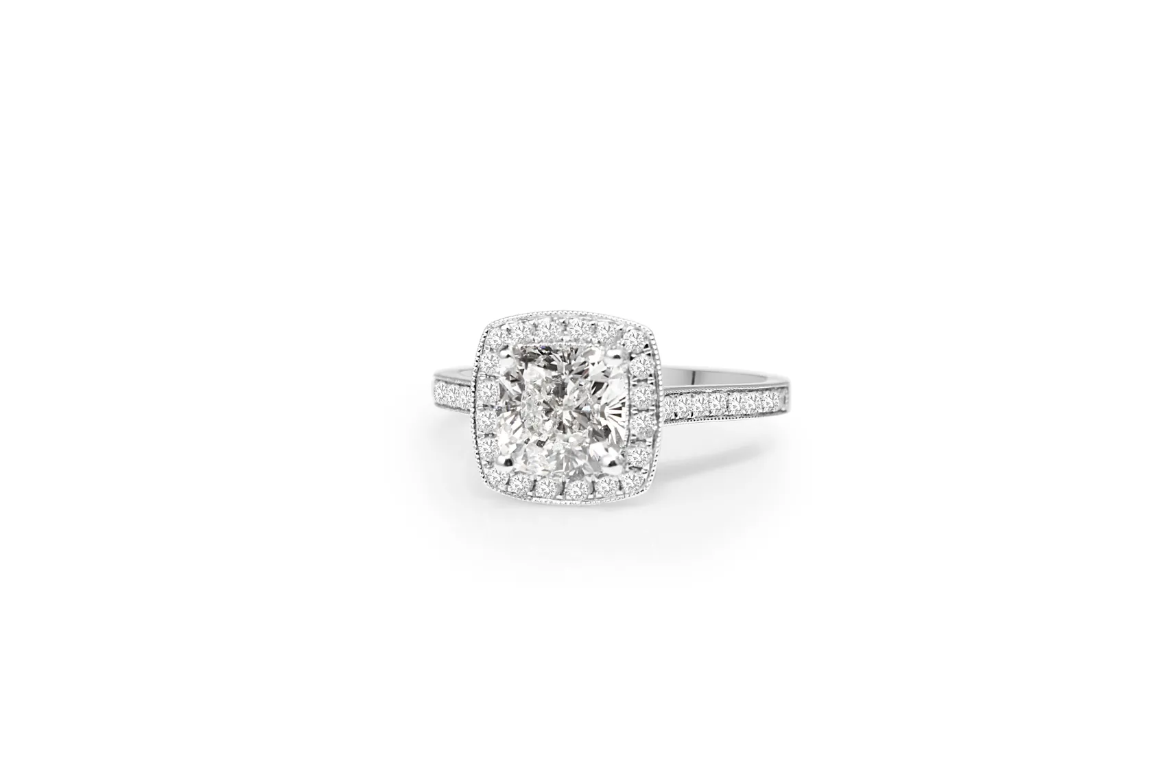 18ct White Gold Cushion Halo Diamond Ring