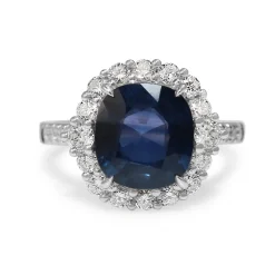 18ct White Gold Cushion Sapphire and Diamond Halo Ring