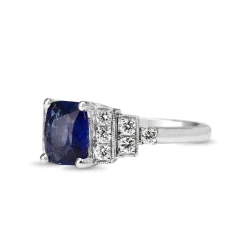 18ct White Gold Cushion Sapphire and Art Deco Style Stepped Down Diamond Ring