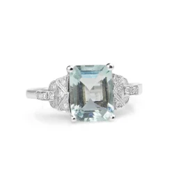 18ct White Gold Deco Style Aquamarine and Diamond Ring