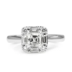 18ct White Gold Deco Style Asscher Cut Diamond Halo Ring