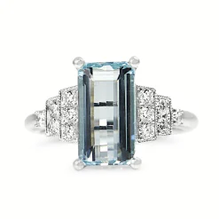 18ct White Gold Deco Style Aquamarine and Diamond Ring