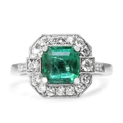 18ct White Gold Deco Style Emerald and Diamond Halo Ring