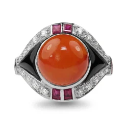 9ct White Gold Deco Style Carnelian, Ruby, Diamond and Onyx Ring