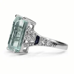 18ct White Gold Deco Style Aquamarine, Sapphire and Diamond Ring