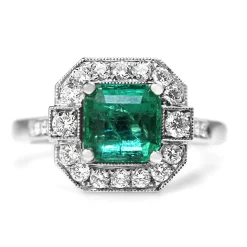 18ct White Gold Deco Style Emerald and Diamond Halo Ring