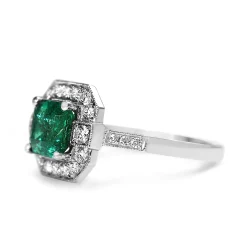 18ct White Gold Deco Style Emerald and Diamond Halo Ring