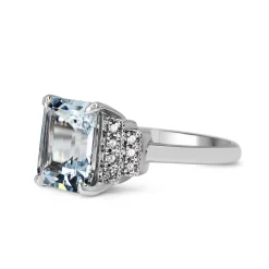 9ct White Gold Deco Style Aquamarine and Diamond Stepped Down Ring