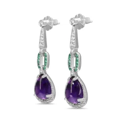 9ct White Gold Diamond, Emerald and Amethyst Art Deco Style Drop Earrings