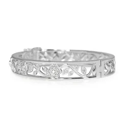 9ct White Gold Diamond Floral Bangle