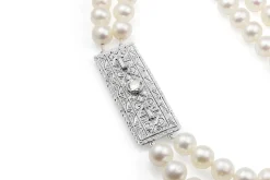 18ct White Gold Double Pearl Strand and Art Deco Diamond Clasp Necklace