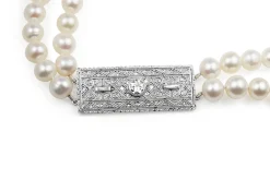 18ct White Gold Double Pearl Strand and Art Deco Diamond Clasp Necklace