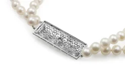 18ct White Gold Double Pearl Strand and Art Deco Diamond Clasp Necklace