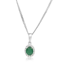 9ct White Gold Emerald and Diamond Halo Necklace