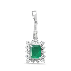 14ct White Gold Emerald and Diamond Drop Pendant