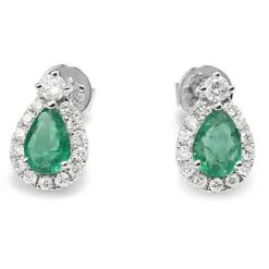 18ct White Gold Emerald and Diamond Pear Shape Halo Earrings