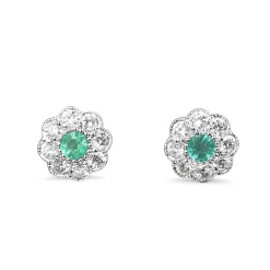 9ct White Gold Emerald and Diamond Daisy Stud Earrings