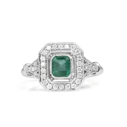 18ct White Gold Emerald and Diamond Halo Ring