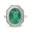 18ct White Gold Emerald and Diamond Art Deco Style Halo Ring