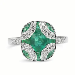 9ct White Gold Emerald and Diamond Art Deco Style Ring