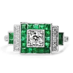 18ct White Gold Emerald and Diamond Deco Style Old Cut Diamond Ring