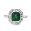 18ct White Gold Emerald and Diamond Deco Style Halo Ring