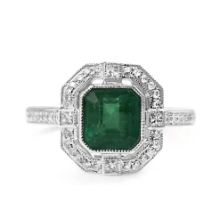 18ct White Gold Emerald and Diamond Deco Style Halo Ring