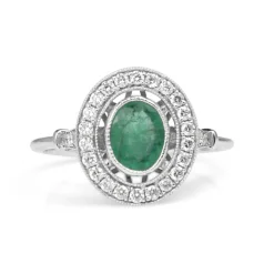 18ct White Gold Emerald and Diamond Halo Ring