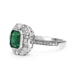 18ct White Gold Emerald and Diamond Deco Style Halo Ring