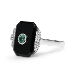 9ct White Gold Emerald and Onyx Deco Style Ring