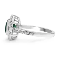 18ct White Gold Emerald and Diamond Deco Style Halo Ring