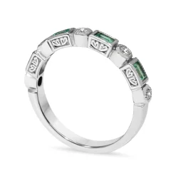 9ct White Gold Emerald and Diamond Deco Style Band Ring